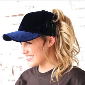 C.C. Navy Velvet Ponytail/Messy Bun Cap